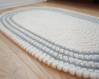 Oval Rug Wool carpet - Crochet rug cream white with grey stripes - Housewarming gift natural home decor