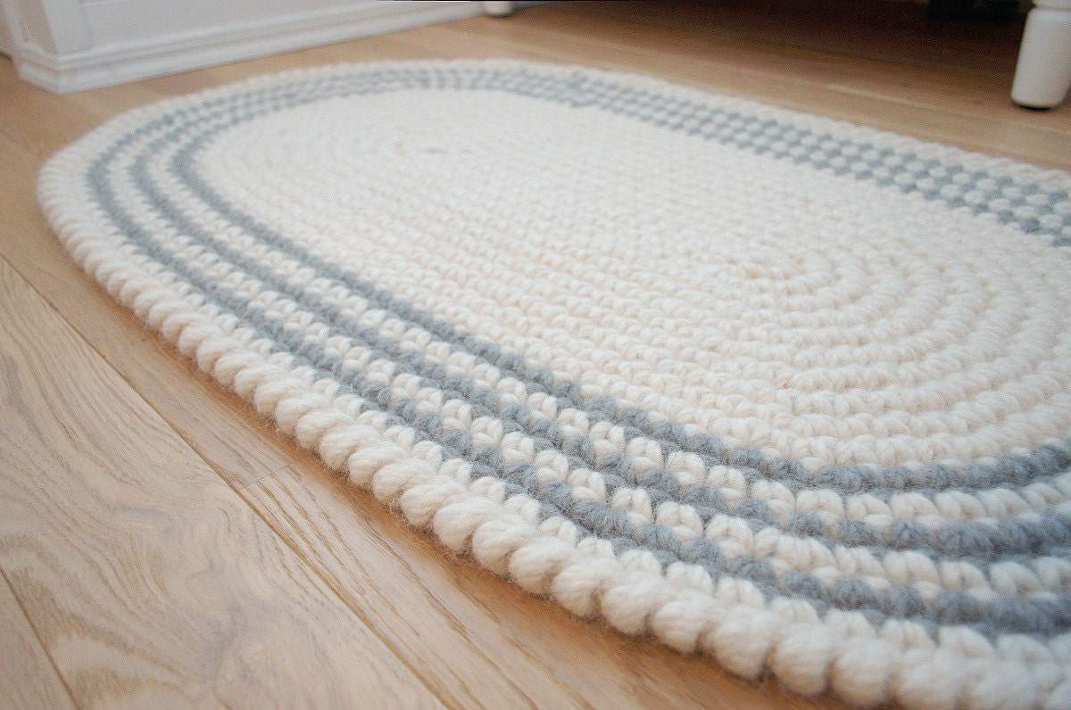 Tapis Ovale Tapis Laine - Crochet Crème Blanche avec Des Rayures Grises Housewarming Cadeau Naturel 