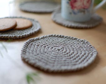 Linen coasters crochet octagon table doilies - Drink coasters natural table eco friendly gray flax