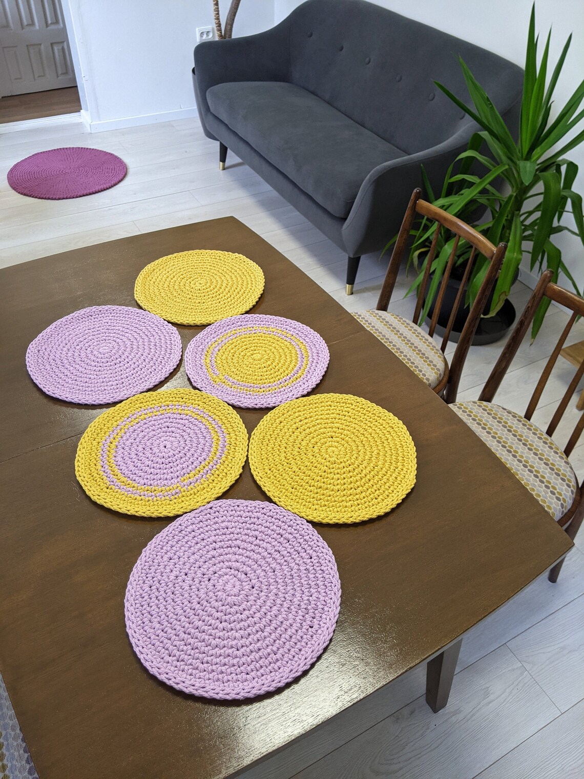 Handmade Round Placemats Yellow Lavender Rustic Round Doiliy Etsy