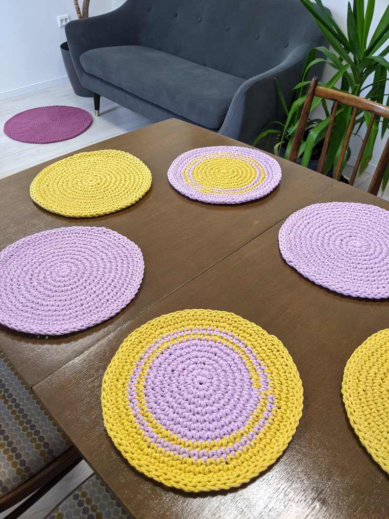 Handmade Round Placemats Yellow Lavender Rustic Round Doiliy Etsy