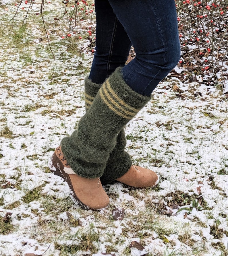 Boiled wool leg warmers moss green with stripes knit felted Etsy