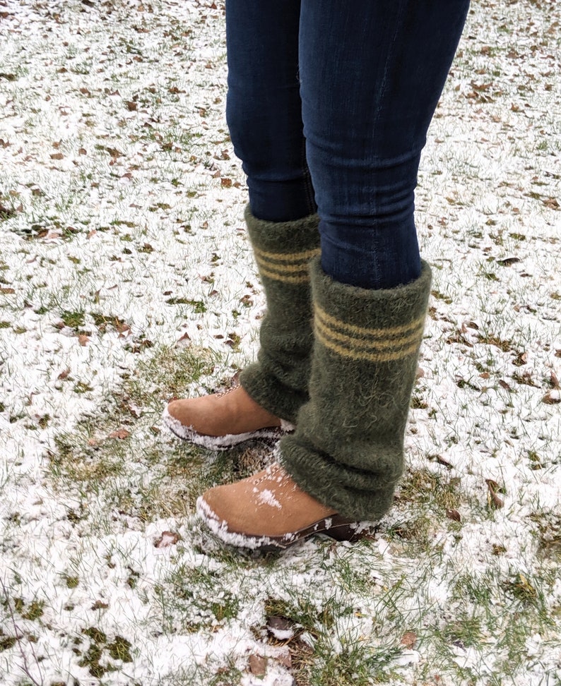 Boiled wool leg warmers moss green with stripes knit felted Etsy