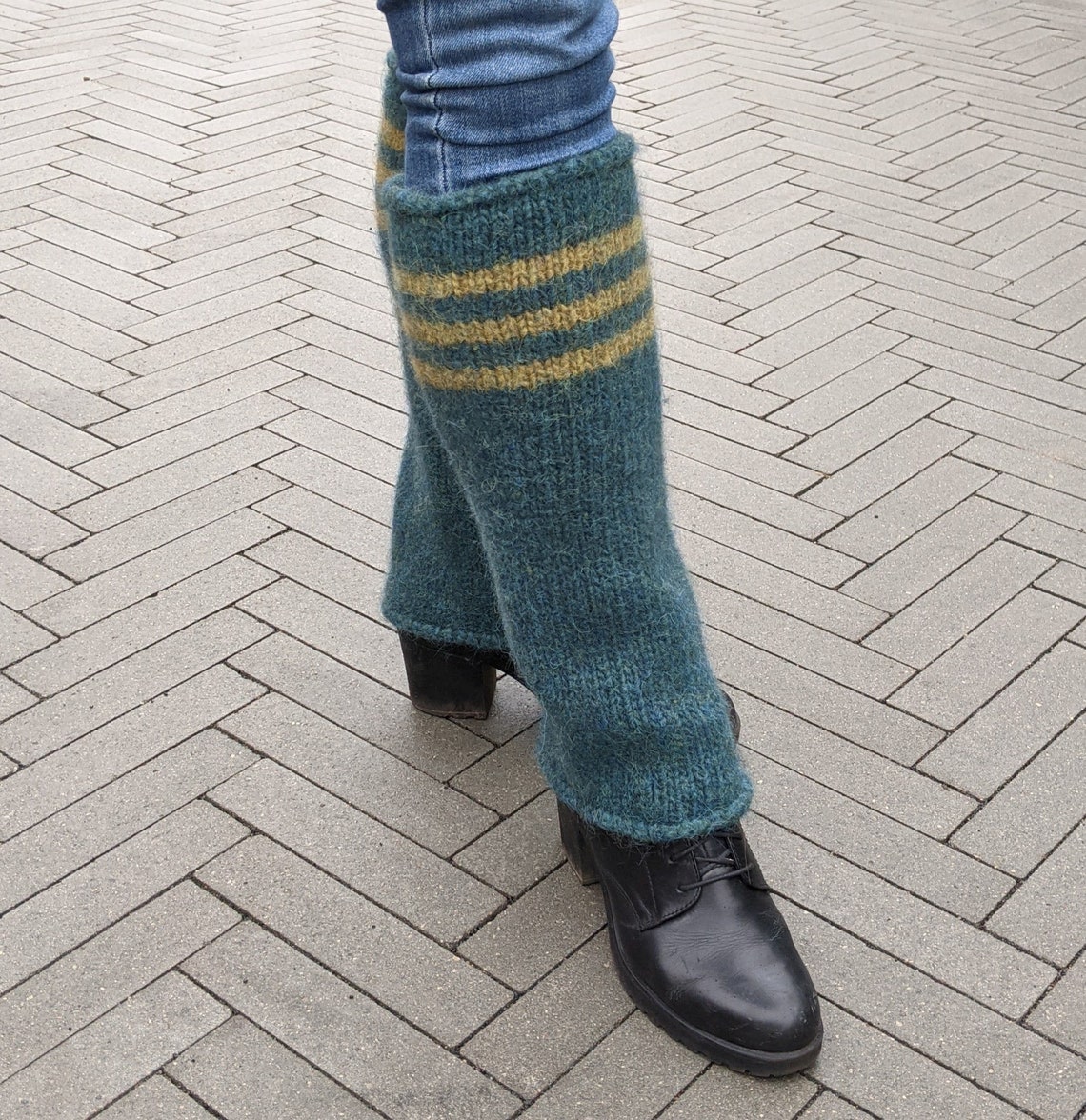 Big Thick Icelandic Wool Leg Warmers Teal With Stripes Knit Etsy