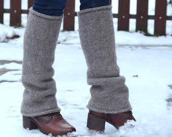 Natural wool leg warmers Taupe - Knitted felted wool leg warmers knee length
