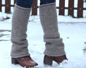 Knitted Felted Wool Leg Warmers – Taupe Beige Warmest Gaiters