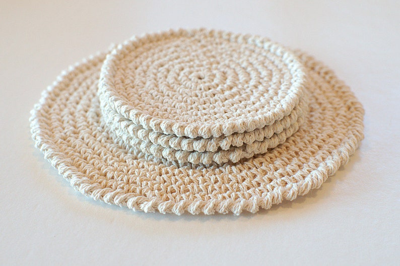 Set of hand crocheted cotton coasters Set of cream coasters and a teapot pad image 2