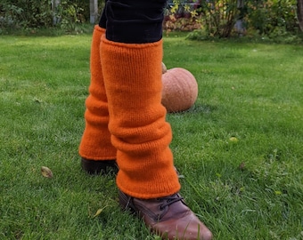 Felt wool leg warmers Orange - Knitted felted knee length leg warmers 100% wool