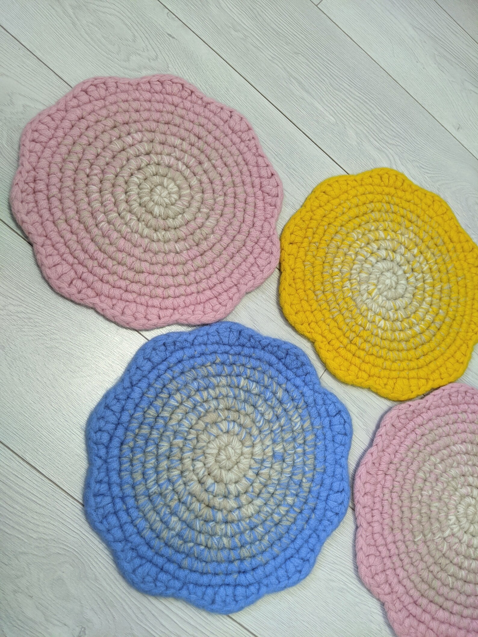 Wool Felt Round Chair Pads Blossom Blue Pink Yellow Crochet Etsy