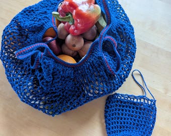 Blue Crochet French Market Bag with Pouch – Reusable Grocery Tote