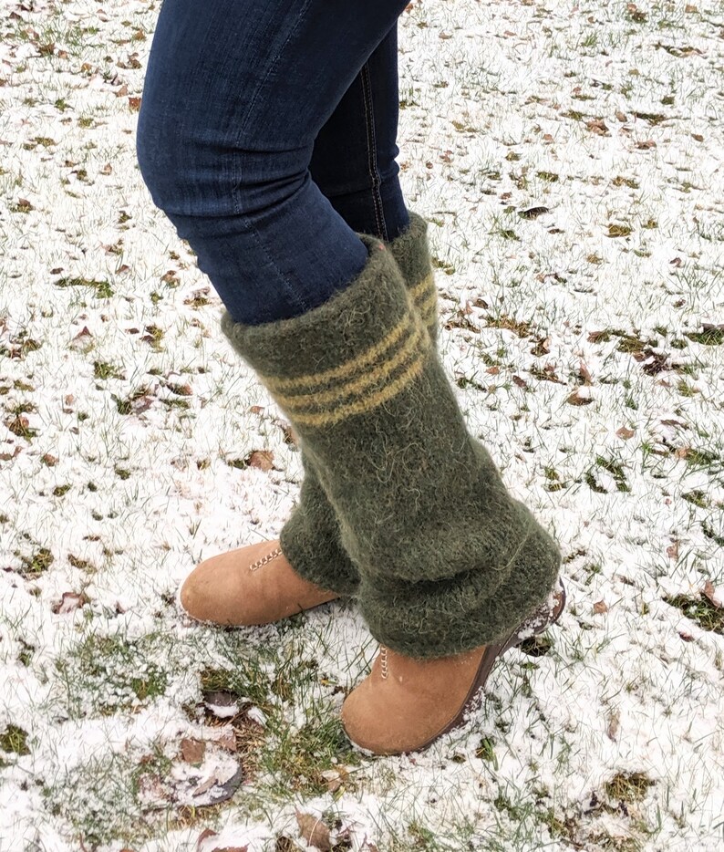 Boiled wool leg warmers moss green with stripes knit felted Etsy