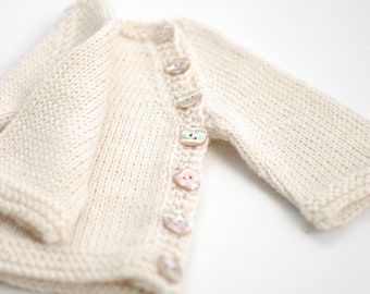 Baby Alpaca baby sweater - Hand knit organic alpaca Baby Cardigan - Newborn Girl Boy - Natural organic white baby alpaca shell buttons