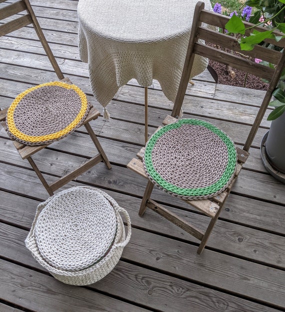 Set of 2 Round Chair Pads Rustic Rope Grey Yellow Green Crochet Recycled Cotton Braided Seat Cushions Etsy Finland
