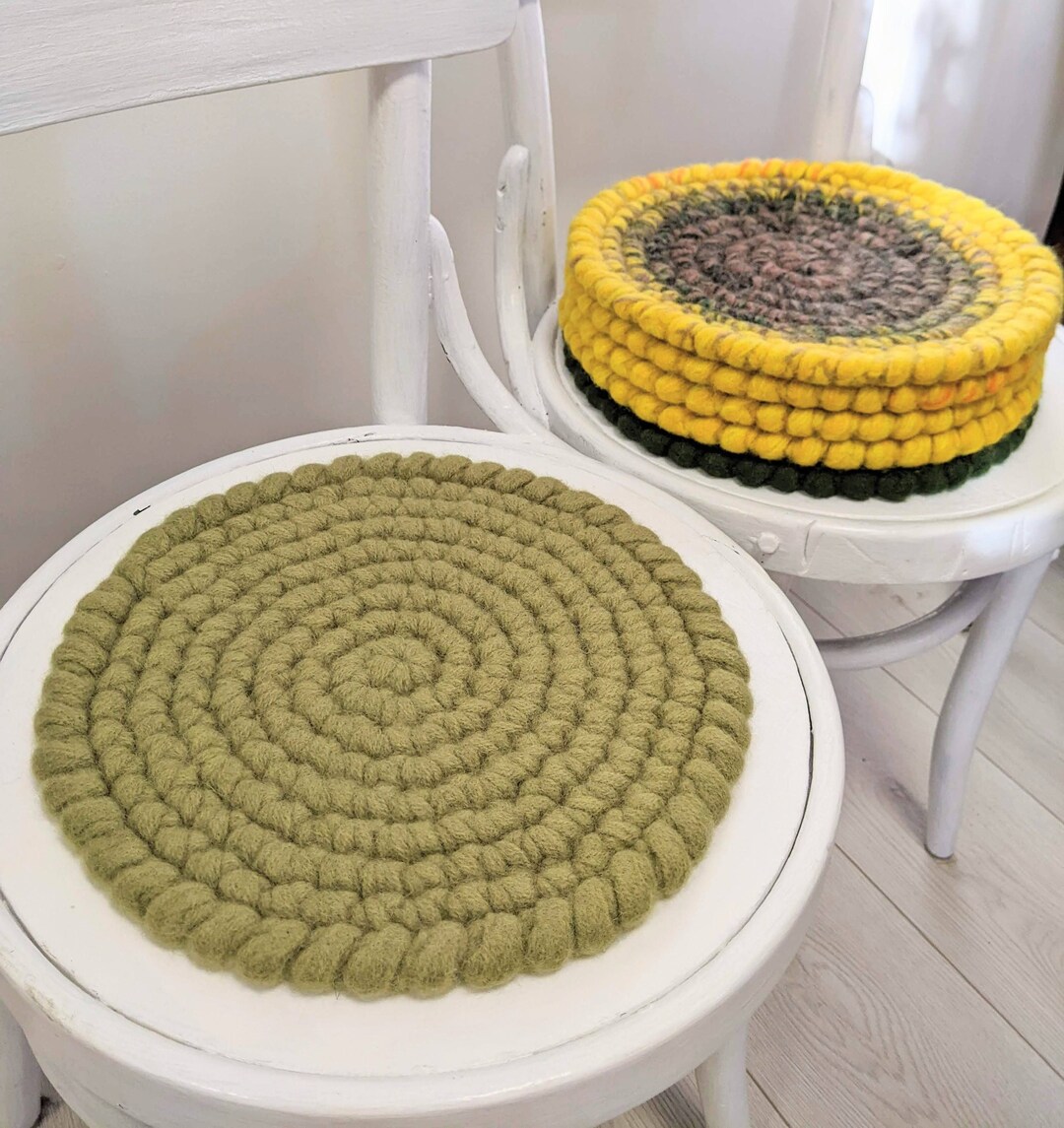 Wool Felt Round Chair Pads Sage Green Crochet Natural Wool Etsy