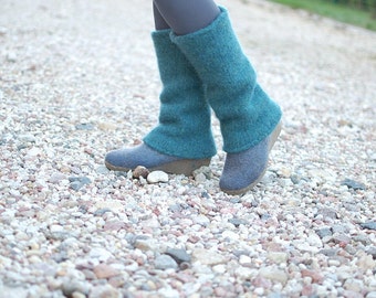 Boiled wool leg warmers Teal blue - knit felted leg warmers natural Icelandic wool