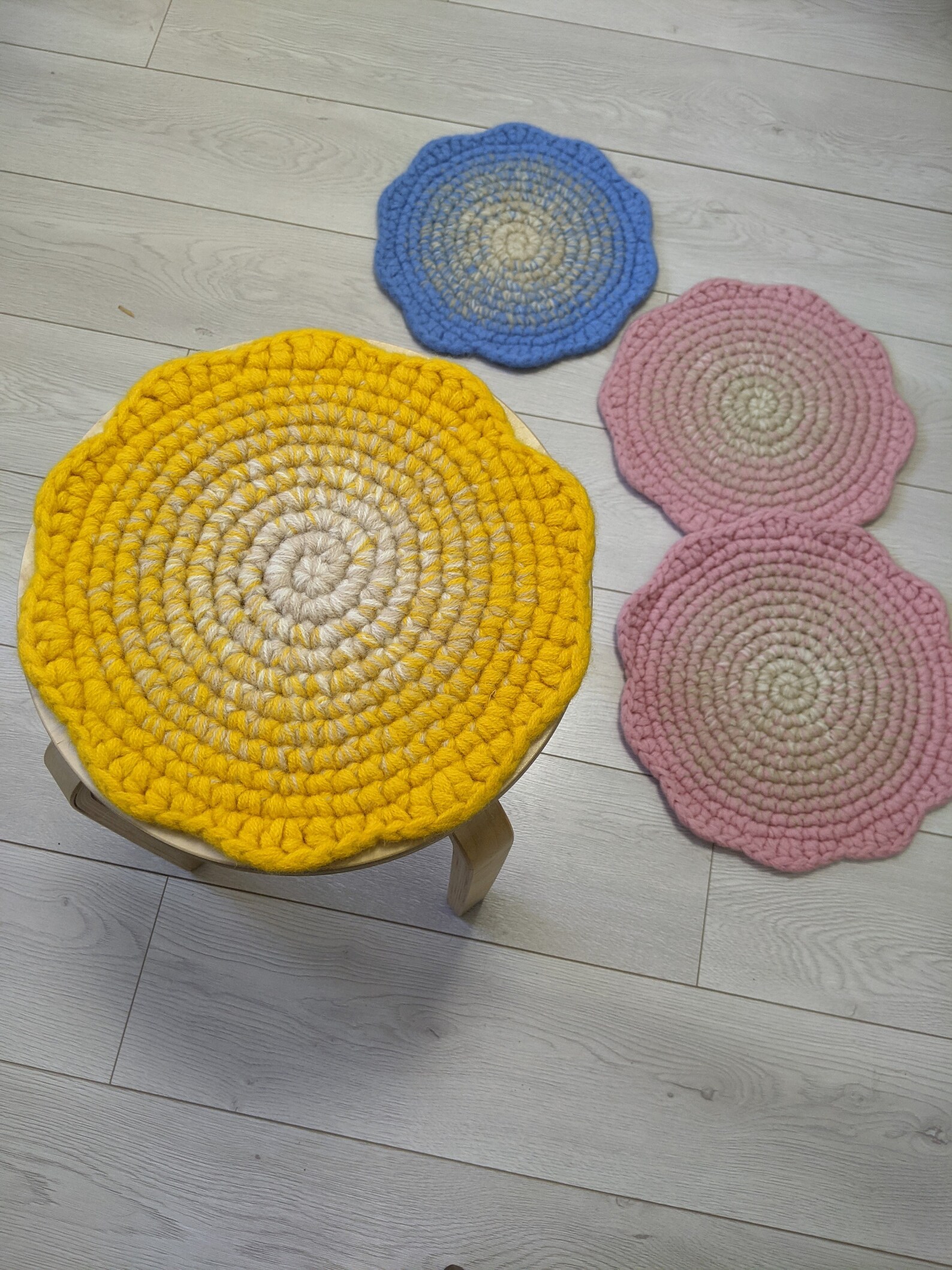 Wool Felt Round Chair Pads Blossom Blue Pink Yellow Crochet Etsy