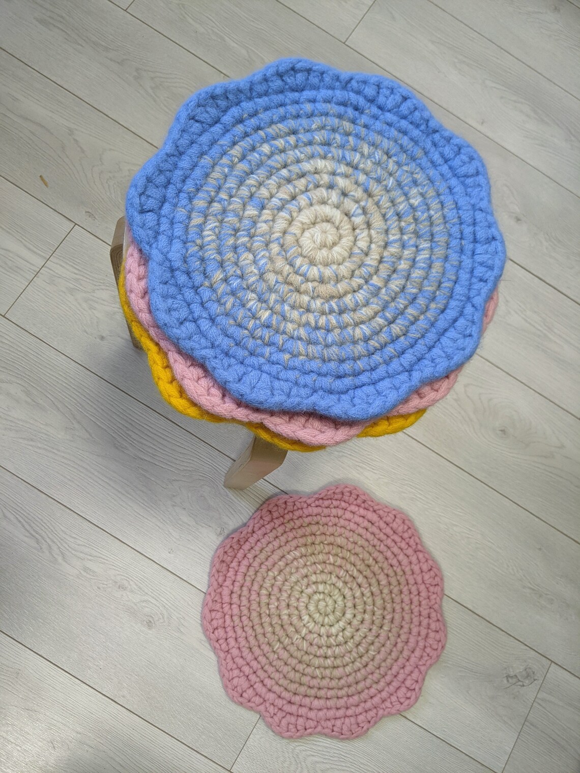 Wool Felt Round Chair Pads Blossom Blue Pink Yellow Crochet Etsy