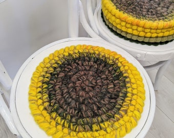 Round chair pads Sunflower - crochet 100% wool felt seat cushions