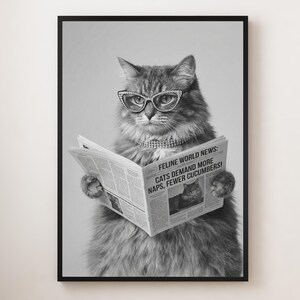 Op de afbeelding: Zwart-wit ingelijste print van een kat met een bril en een parelketting, die een krant leest. De krantenkop luidt: "Feline World News: Cats Demand More Naps, Fewer Cucumbers!"