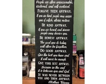 do it anyway, mother teresa quote, wood sign, hand painted, christian wall art, family rules sign, inspirational sign