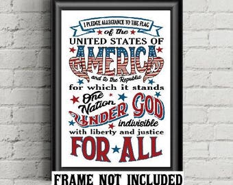 Pledge of Allegiance, patriotic art print, one nation under God, red white and blue, housewarming gift, Father's Day gift