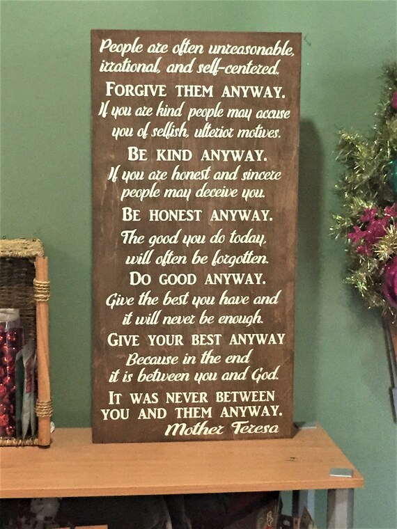Mother Teresa Quote Do It Anyway Wood Sign Christian Wall Etsy