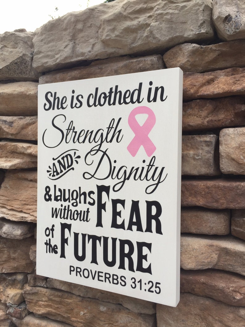 pink ribbon sign, breast cancer awareness, hand painted wood, Proverbs 31-25 Virtuous Woman image 6