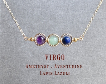 Virgo Crystal Zodiac Necklace｜Amethyst, Aventurine & Lapis Lazuli | Healing Stone Jewelry Gift｜Birthday Gift for Sister