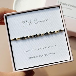 Pulsera de cordón con código Morse de F*CK Cancer, joyería minimalista con piedras preciosas de turmalina negra, regalo de aliento, regalo de apoyo de protección para un amigo