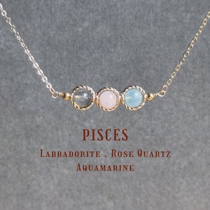Naszyjnik z kryształowym horoskopem zodiaku Ryby｜Labradoryt, kwarc różowy i akwamaryn | Prezent w postaci biżuterii z kamieni leczniczych｜Prezent urodzinowy dla siostry