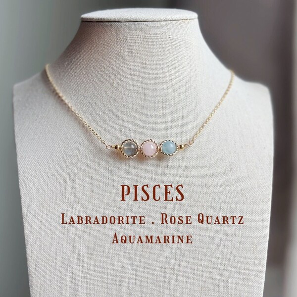 Pisces Crystal Zodiac Necklace｜Labradorite, Rose Quartz & Aquamarine | Healing Stone Jewelry Gift｜Birthday Gift for Sister