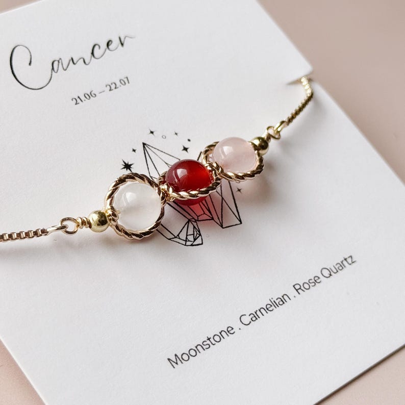 Bracelet zodiaque cancer - quartz rose cornaline pierre de lune - bracelet bolo réglable pour femme - breloque initiale personnalisée - cadeau d'anniversaire image 7