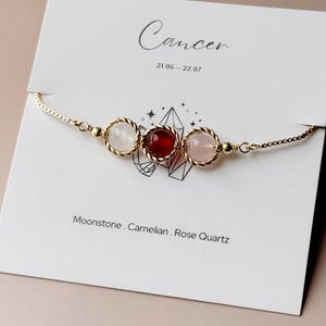 Bracelet zodiaque cancer - quartz rose cornaline pierre de lune - bracelet bolo réglable pour femme - breloque initiale personnalisée - cadeau d'anniversaire image 8