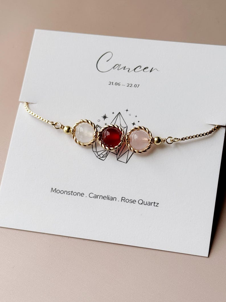 Bracelet zodiaque cancer - quartz rose cornaline pierre de lune - bracelet bolo réglable pour femme - breloque initiale personnalisée - cadeau d'anniversaire image 8