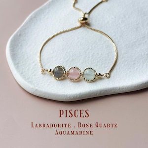 Pisces Crystal Bracelet｜Labradorite, Rose Quartz & Aquamarine | Zodiac Healing Stone Jewelry Gift｜BFF Birthday Gift for Woman