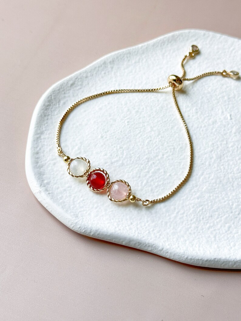 Bracelet zodiaque cancer - quartz rose cornaline pierre de lune - bracelet bolo réglable pour femme - breloque initiale personnalisée - cadeau d'anniversaire image 2