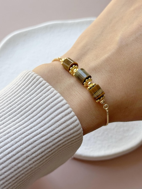 Minimalist Tiger Eye Tube Bracelet - Genuine Cylinder Gemstone Jewelry - Gold Adjustable Sliding Chain - Modern Office Wear Gift for Her