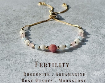 Dainty Fertility Crystal Bracelet｜Rhodonite, Rose Quartz, Aquamarine and Moonstone｜Crystal Jewelry Gift｜Healthy Pregnancy Gift｜Gift for Mom