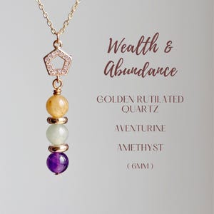 Money Manifestation Necklace with Golden Rutilated Quartz, Aventurine & Amethyst – Spiritual Wealth Crystal Jewelry Gift for Her