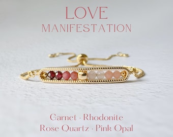 Attirer l'amour, grenat, rhodonite, quartz rose et opale rose, bracelet réglable, cadeau bijoux en cristal, cadeau d'anniversaire femme fille