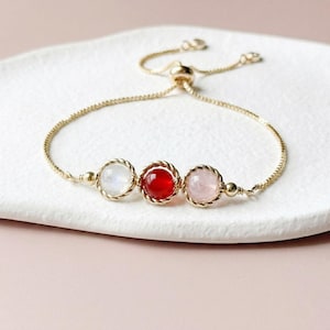 Bracelet zodiaque cancer - quartz rose cornaline pierre de lune - bracelet bolo réglable pour femme - breloque initiale personnalisée - cadeau d'anniversaire image 1