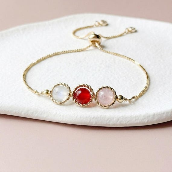 Cancer Zodiac Bracelet - Moonstone Carnelian Rose Quartz - Adjustable Bolo Bracelet for Women - Personalized Initial Charm - Birthday Gift