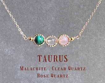 Taurus Crystal Necklace｜Malachite, Clear Quartz, Rose Quartz | Zodiac Stone Jewelry Gift｜Birthday Gift