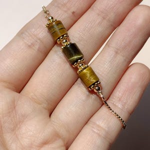 Tiger Eye Tube Bracelet - Genuine Cylinder Gemstone Jewelry - Gold Adjustable Sliding Chain - Modern Office Wear Gift for Her image 7