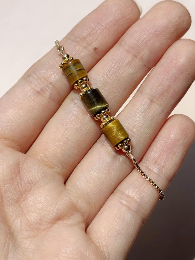 Tiger Eye Tube Bracelet - Genuine Cylinder Gemstone Jewelry - Gold Adjustable Sliding Chain - Modern Office Wear Gift for Her image 7
