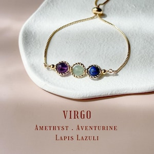 Bransoletka z kryształu zodiaku Panny｜Ametyst, awenturyn i lapis lazuli | Regulowana bransoletka | Prezent z kamieniem leczniczym｜Prezent urodzinowy