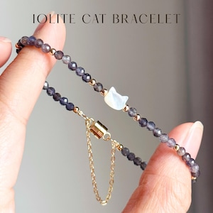 Pulseira de Iolita, Joia com Pingente de Gato | Pulseira de Cristal da Intuição, Presente para Amantes de Gatos | Pulseira de Concha com Pingente de Gato, Joia Delicada com Pedras Preciosas