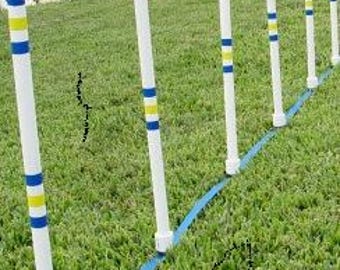 6 Premium Stick in the Ground Dog Agility Weave Poles - Made by us using Superior Furniture Grade PVC.  Pole Placer included.