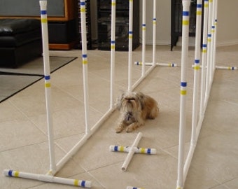 Dog Agility Indoor - Outdoor Weave Poles - Set of 12..  Superior Furniture grade PVC (not plumbers grade).   AKC Reg. height.