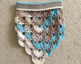 Handmade Crochet Triangle Cowl: Beige, Teal, and Grey Scarf
